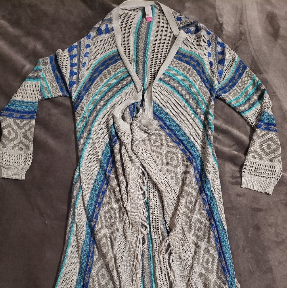 Knee Length Knitted Teal & Grey Tassled Sweater
